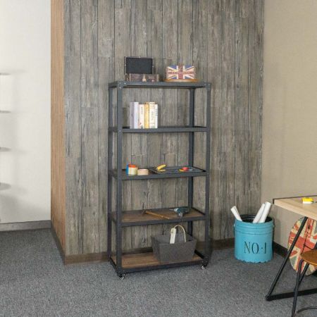 Le páirteanna cruach cúinne Millíní Dubha / Gaineamhphléasctha. Úsáideann an struchtúr tacaíochta foriomlán páirteanna iarainn L-chruthach chun síneadh a dhéanamh. Tá na coirnéil ceangailte leis an méid cruach uillinne caighdeánach. Tá 4 roth ag an mbun chun an seilf leabhar a shleamhnú. Tá 2 roth le coscáin istigh ann.